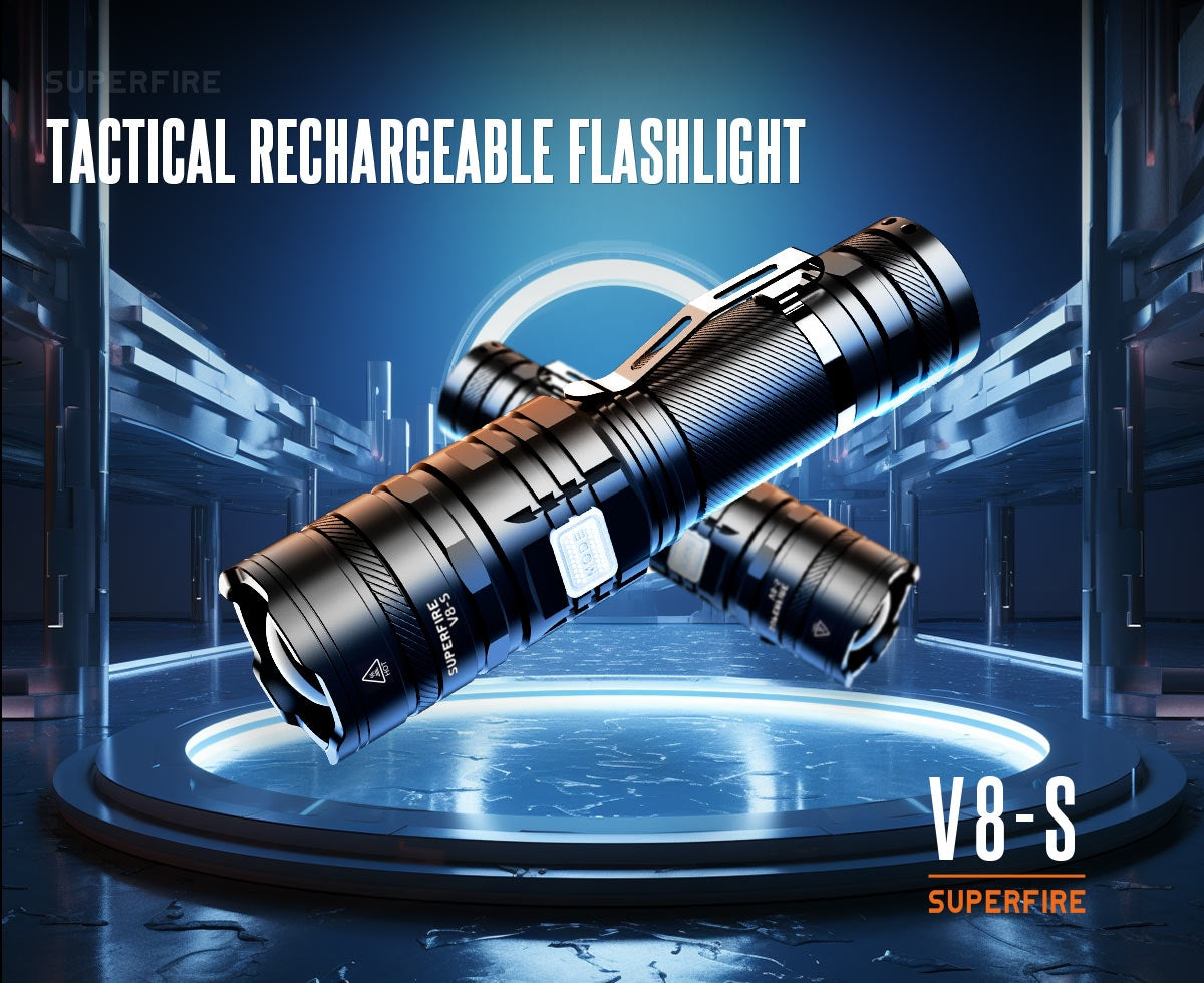 SUPERFIRE V8-S 2000 Lumens Tactical Rechargeable Flashlight With Power Bank & Clip