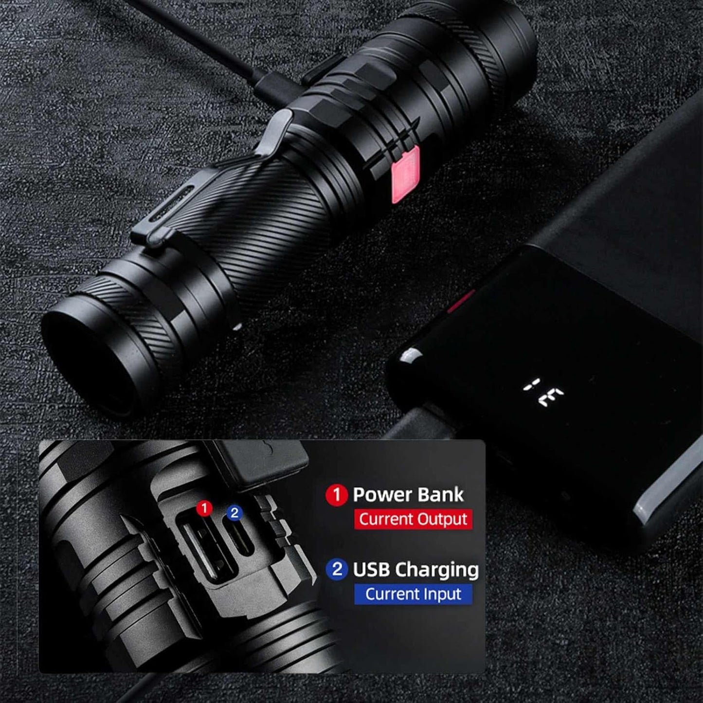 SUPERFIRE V8-S 2000 Lumens Tactical Rechargeable Flashlight With Power Bank & Clip