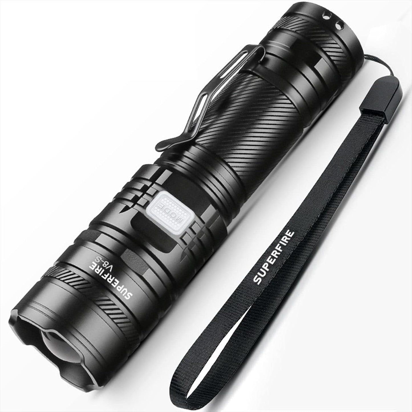 SUPERFIRE V8-S 2000 Lumens Tactical Rechargeable Flashlight With Power Bank & Clip